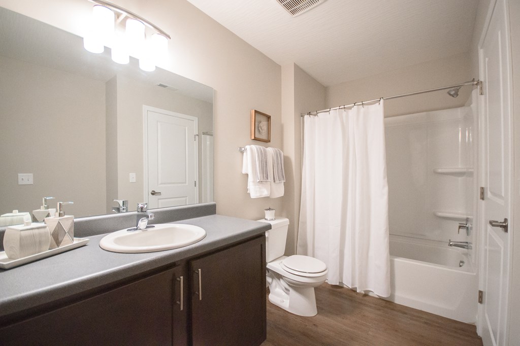 a bathroom with a sink toilet and shower and a mirror