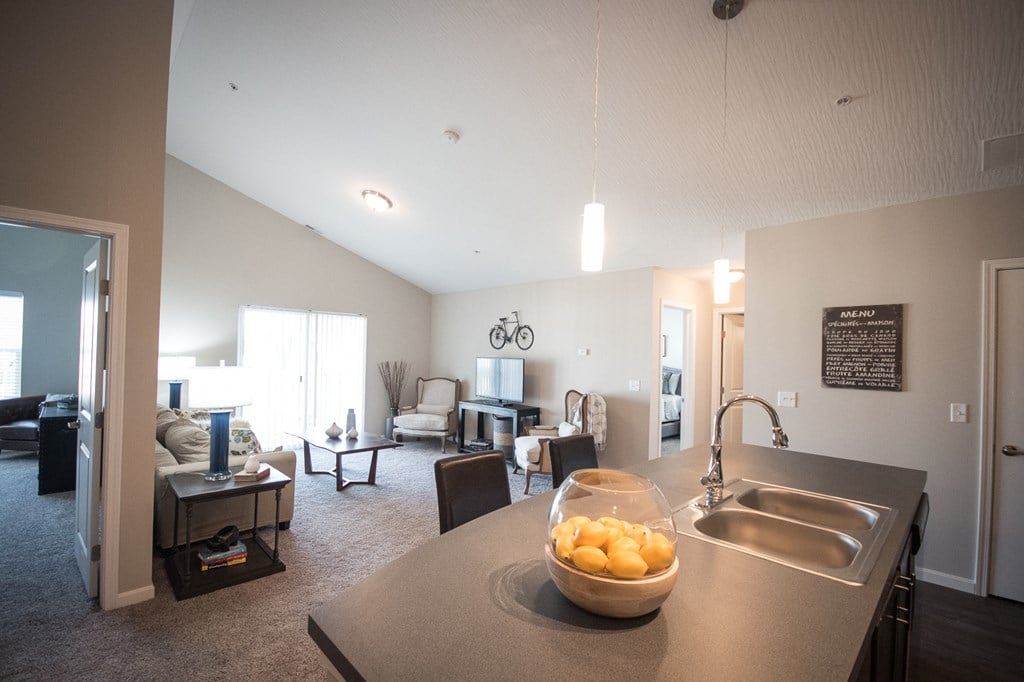 a kitchen and living room with a bowl of oranges on the counter