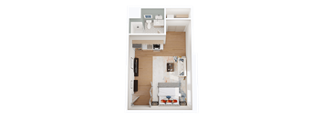 A top-down view of a small apartment with a kitchen, living room, and bedroom.