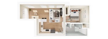 A white room with a bed and a desk.