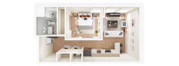 A white and wood interior design layout with a bed, desk, and shelves.