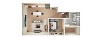 A modern house with a kitchen, living room, and bathroom.