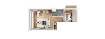A cutaway view of a modern kitchen and living room.