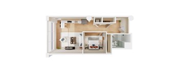 A white model of a house with a living room, kitchen, and bedroom.