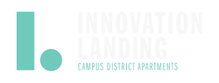 A green poster with the words "Innovation Landing" and a logo.