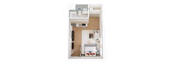 A top down view of a small apartment with a kitchen, living room and bedroom.