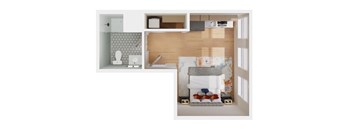 A collage of a bathroom, kitchen, and living room.