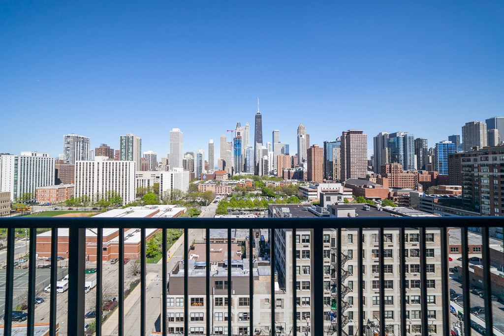 1 bedroom balcony that overlooks Chicago skyline