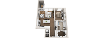 a 3d rendering of a floor plan with a bedroom and living room
