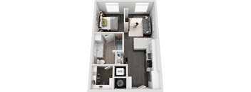 a 3d drawing of a bedroom with a bathroom and a living room