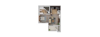 A top-down view of a small apartment with a kitchen, living room, and bathroom.