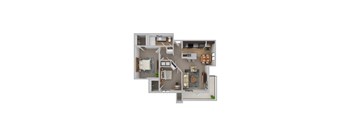 A 3D floor plan of a house showing a kitchen, living room, and two bedrooms.