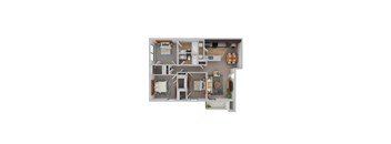 A top-down view of a house layout with two bedrooms, a living room, a kitchen, and a bathroom.
