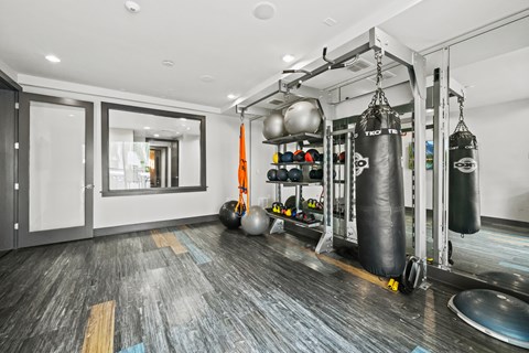 A gym with a punching bag hanging from the ceiling.