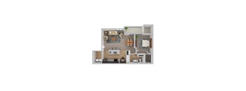 A 3D floor plan of a small apartment with a kitchen, living room, and bedroom.