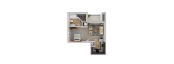 A top down view of a small apartment with a bedroom, living room, and kitchen.