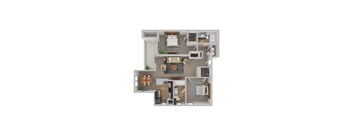 A top-down view of a house layout with a kitchen, living room, dining room, and bedrooms.