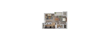 A 3D floor plan of a small apartment with a kitchen, living room, and bedroom.