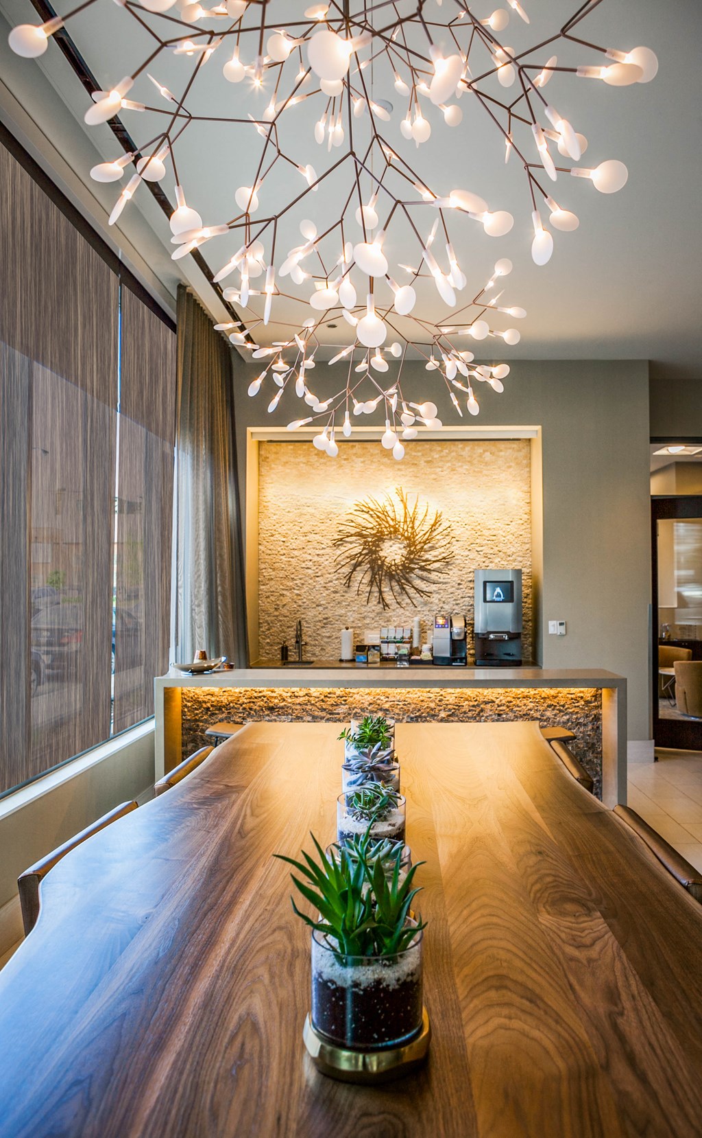Closeup of conference table and coffee bar