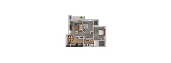 A 3D floor plan of a house showing a kitchen, living room, dining room, and bathroom.
