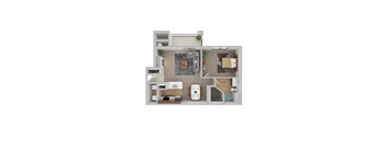 A 3D floor plan of a small apartment with a kitchen, living room, and bathroom.