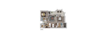 A 3D floor plan of a house with labeled rooms.