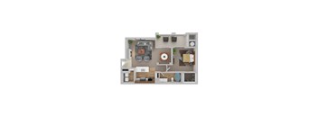 A 3D floor plan of a house with a kitchen, living room, and two bedrooms.