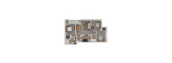 A 3D floor plan of a small apartment with a kitchen, living room, and bedroom.
