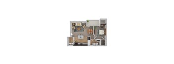 A 3D floor plan of a small apartment with a kitchen, living room, and bathroom.