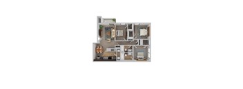 A 3D floor plan of a small apartment with a kitchen, living room, and bedrooms.
