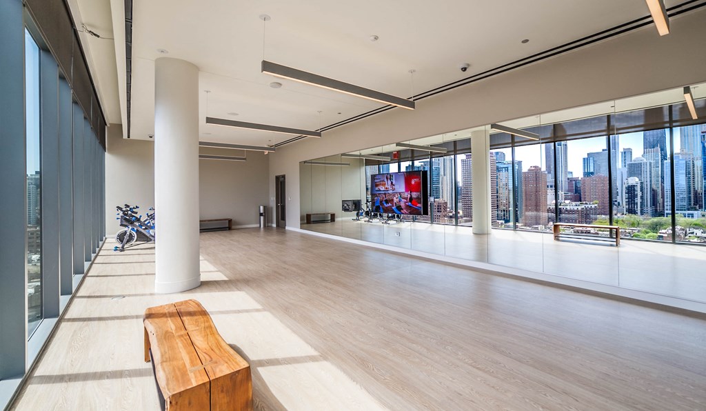 the view of the city from the spacious lobby of the building