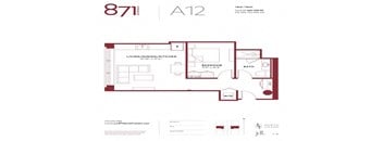 A redprint of a floor plan for a 1 bedroom apartment.