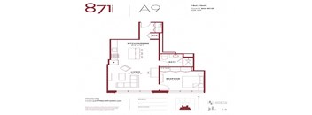 A red floor plan of a one bedroom apartment.