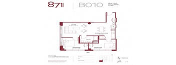 A red and white floor plan for a 2 bedroom apartment.