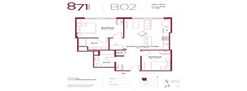 Floor plan of apartment B02 showing two bedrooms, a bathroom, dining area, living area, kitchen, and a balcony.
