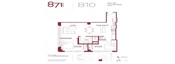 A floor plan for apartment B10 shows two bedrooms, a living room, a dining/kitchen area, and a bathroom.