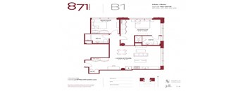 A floor plan for apartment B1 with two bedrooms and two bathrooms.