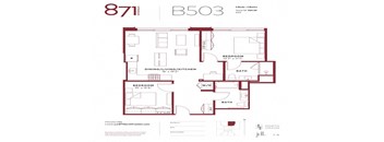 A red and white floor plan for apartment B503 at 871 N. 7th St.