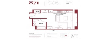 A red floor plan of apartment 871, SO6, with a living/kitchen area, bathroom, and two bedrooms.