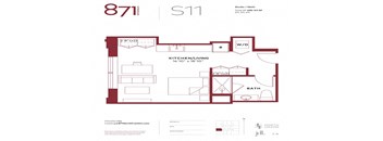 A floor plan of a kitchen living room with a bathroom and a study.