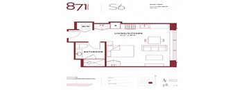 A floor plan for a studio apartment with a living/kitchen area and bathroom.
