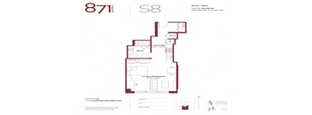 A red floor plan of apartment number 871 in a building with studios available for rent.