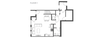 A black and white drawing of a floor plan for Floor 1.