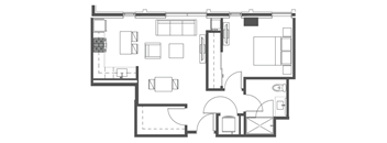 A black and white floor plan of a house with a kitchen, living room, and bathroom.