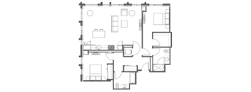 A black and white floor plan of a house with a kitchen, living room, and bathroom.