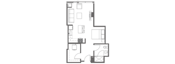 A floor plan of a house with a kitchen, living room, and two bedrooms.