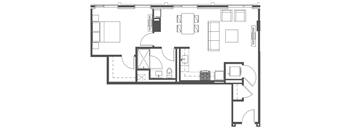 A black and white floor plan of a house with a kitchen, living room, and bathroom.