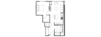 A black and white floor plan of a house with a kitchen, living room, and bathroom.