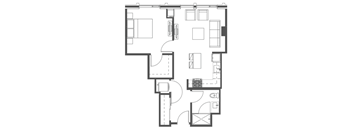 A black and white floor plan of a house with a kitchen, living room, and bedrooms.