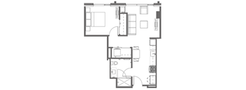 A black and white floor plan of a house with a kitchen, living room, and bathroom.